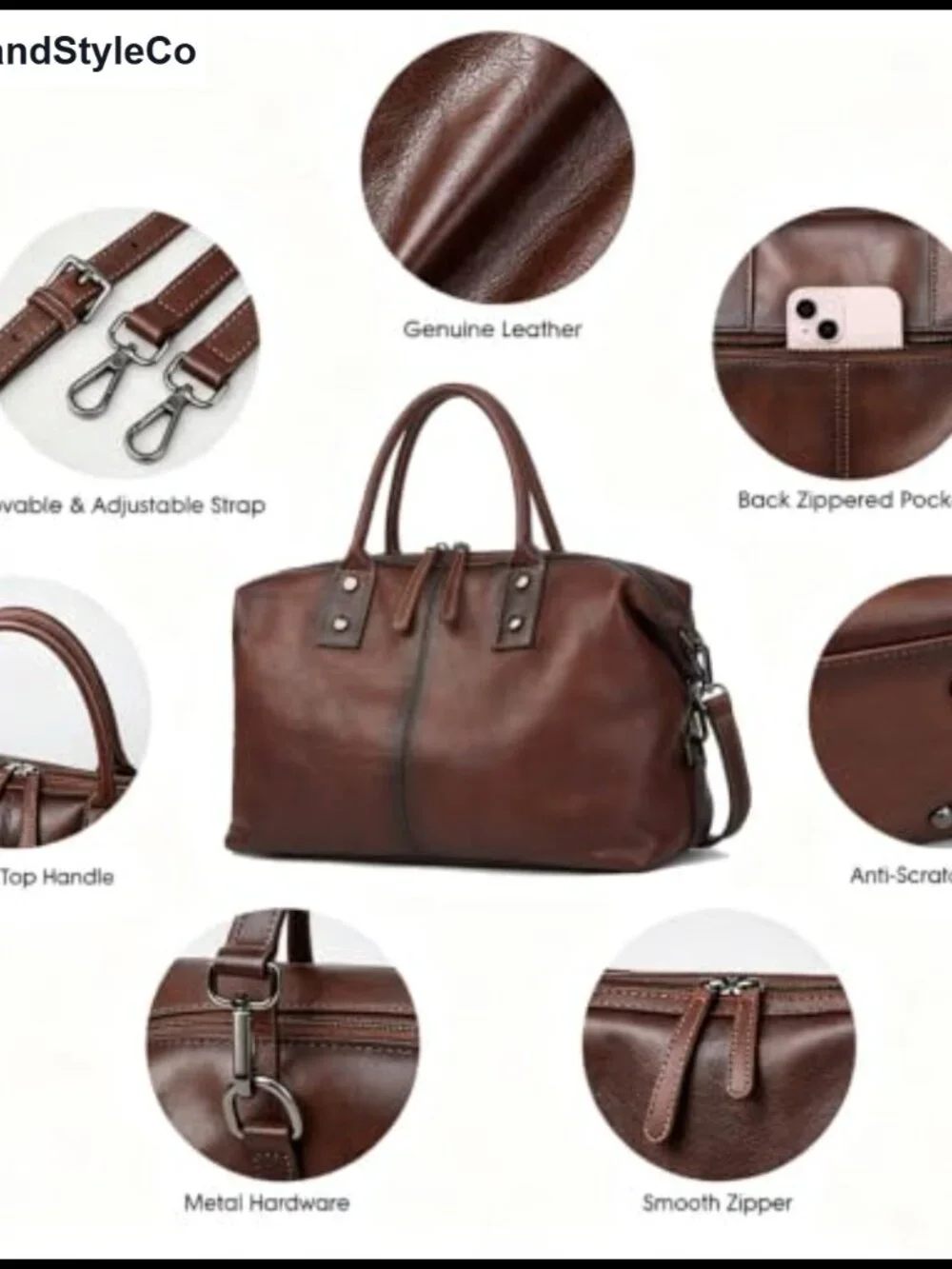 Genuine Leather Satchel Tote Bag with Top Handle and Detachable Shoulder Strap